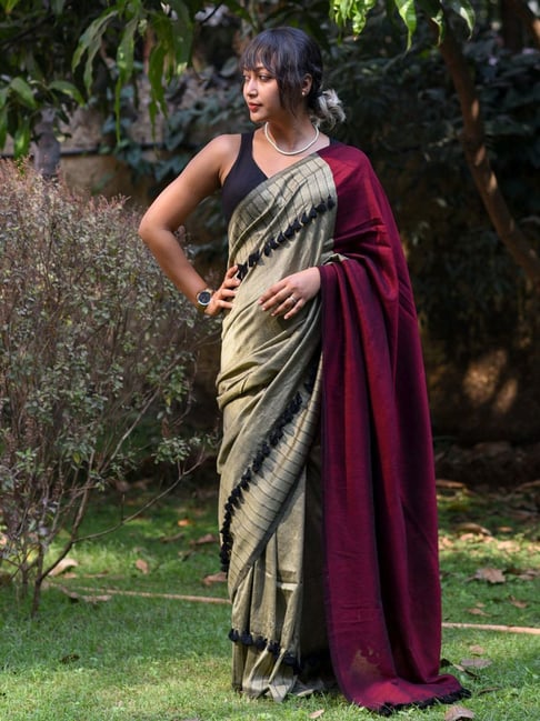 Buy Suta Beige & Maroon Woven Saree Without Blouse for Women Online @ Tata  CLiQ