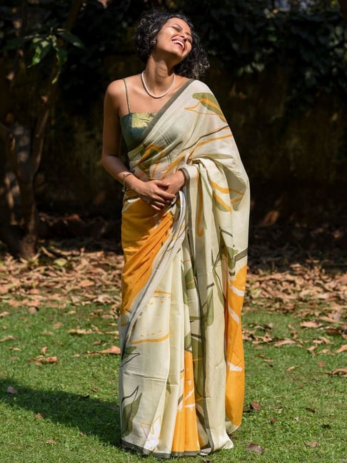 Buy Handloom Cotton Ikat Saree Online - White Pure Cotton