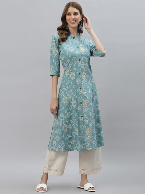 Blue  White Cotton Full Stitched Embroidered Collar Neck Kurti For  WomenVFKU456  RJ Fashion
