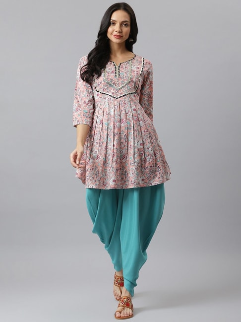 Womens Rayon Round Neck Printed Regular Fit Tunic Tops With Traditional Dhoti  Pant Patiala Salwar Bottom Wear Navy Blue