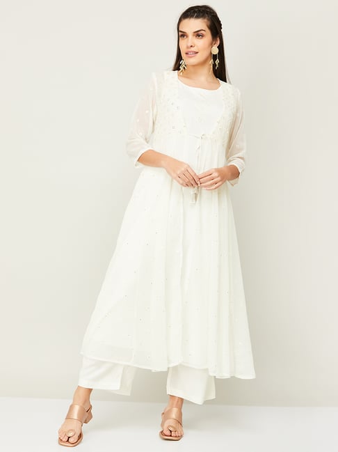 Melange by Lifestyle White Embellished Kurta Palazzo Set With Shrug