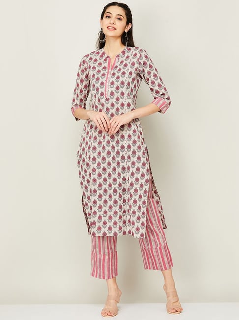 Melange by Lifestyle Grey & Pink Cotton Floral Print Kurta Pant Set