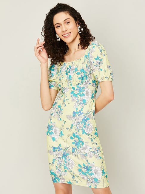 Code by Lifestyle Lime Yellow Floral Print Bodycon Dress Price in India