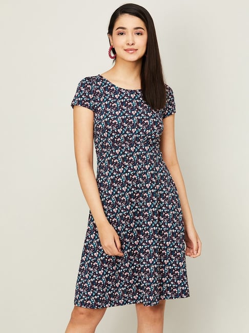 Code by Lifestyle Black Floral Print A-Line Dress Price in India