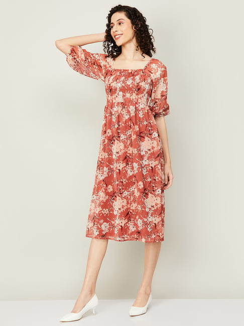 Code by Lifestyle Rust Floral Print A-Line Dress Price in India