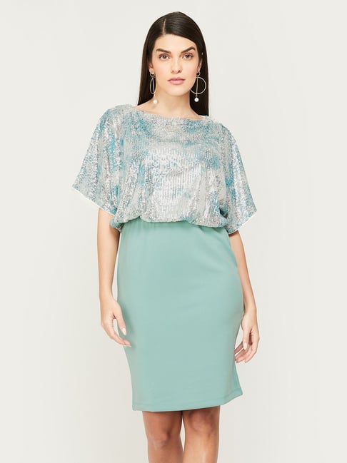 Code by Lifestyle Silver & Green Embellished Shift Dress Price in India