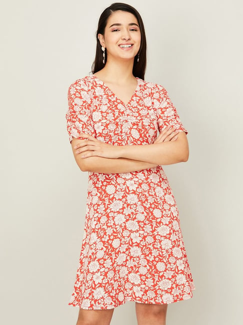 Fame Forever by Lifestyle Orange & White Floral Print A-Line Dress Price in India