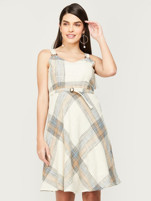 Code by Lifestyle Beige Cotton Printed A-Line Dress Price in India