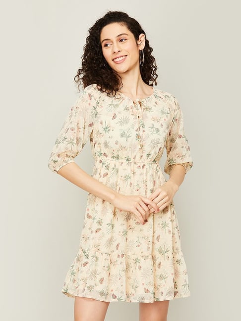 Code by Lifestyle Beige Floral Print A-Line Dress Price in India