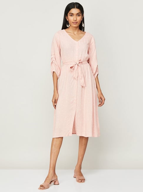 Code by Lifestyle Rose Pink Self Pattern A-Line Dress Price in India