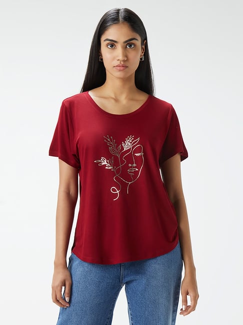 LOV by Westside Burgundy Printed T-Shirt Price in India