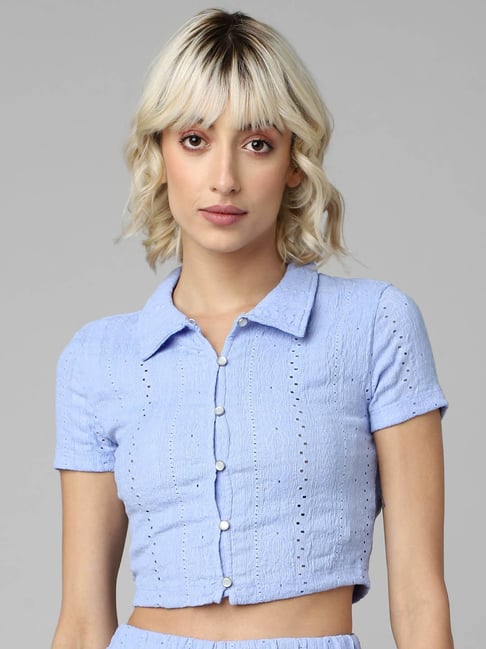 Only Light Blue Cotton Self Design Shirt