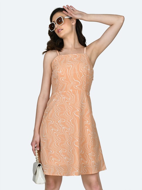 Zink London Peach Printed A Line Dress Price in India