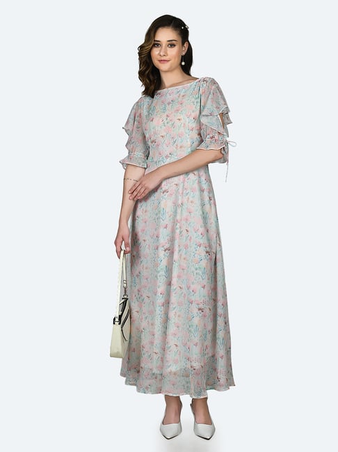 Green Floral Digital Print Readymade Gown 194GW02