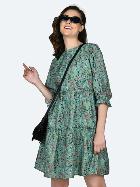 Zink London Green Floral Print Skater Dress Price in India