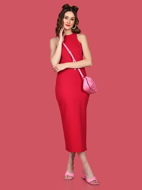 Red Bardot Frill Sleeve Draped Midi Dress | PrettyLittleThing USA