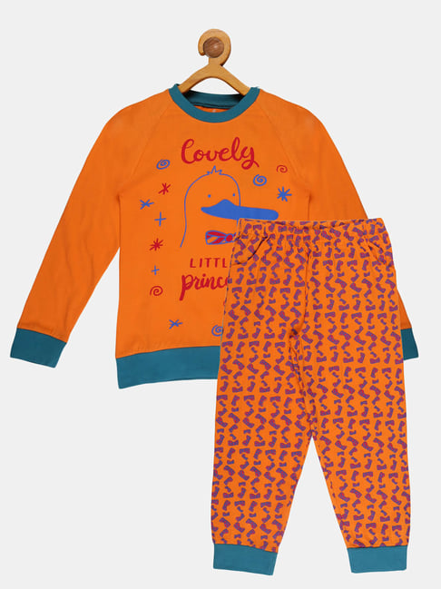 Kiddopanti Kids Orange Printed Full Sleeves T-Shirt with Pyjamas-picture-12