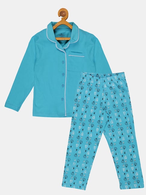 Kiddopanti Kids Aqua Blue Printed Full Sleeves Shirt with Pyjamas-picture-46