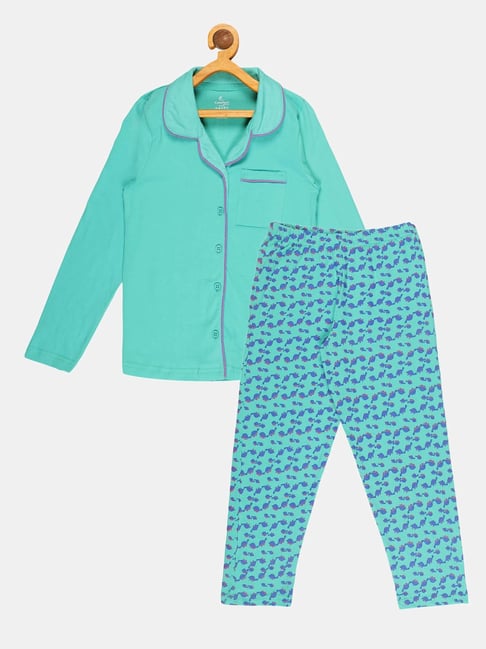 Kiddopanti Kids Mint Green Printed Full Sleeves Shirt with Pyjamas-picture-34