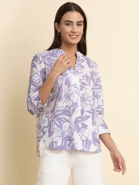 Fablestreet White & Lavender Cotton Floral Print Top Price in India