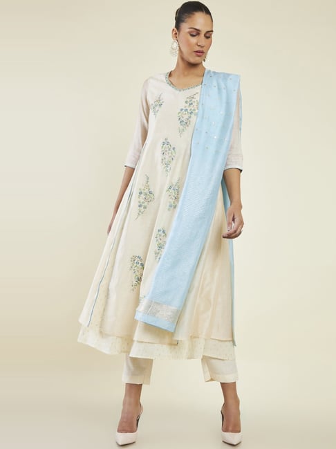 Soch Off-White Cotton Embroidered Kurta Pant Set With Dupatta Price in India