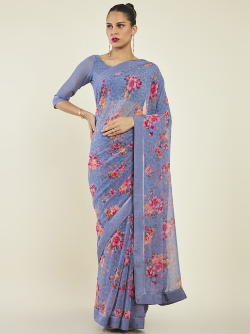 Soch Blue Floral Print Saree With Unstitched Blouse Price in India