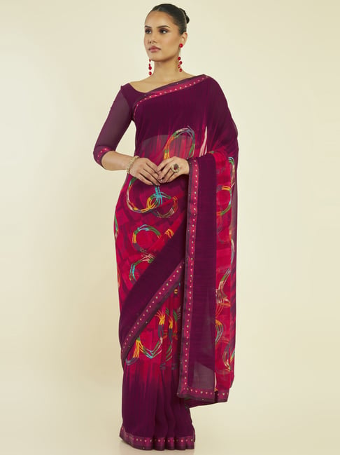 Soch Purple Printed Saree With Unstitched Blouse Price in India