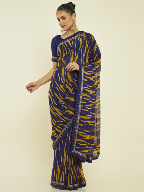 Soch Navy & Yellow Striped Saree With Unstitched Blouse Price in India