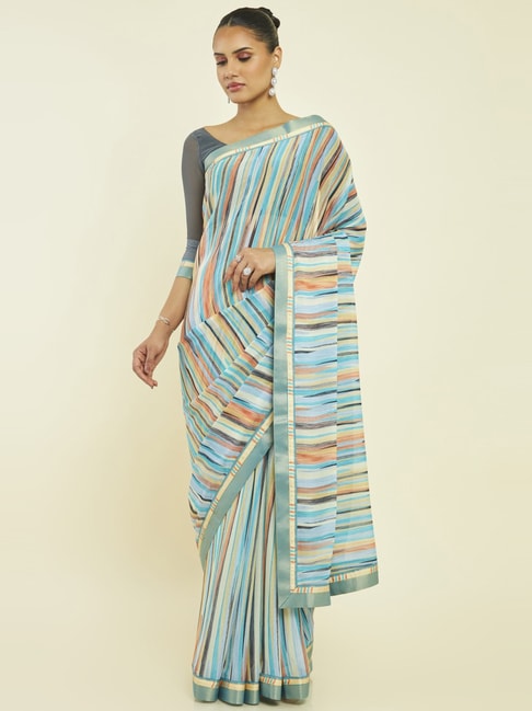Soch Turquoise Striped Saree With Unstitched Blouse Price in India