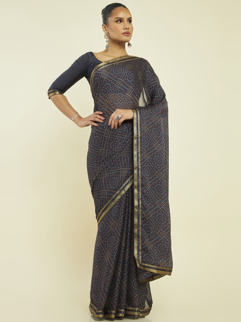 Soch Charcoal Grey Printed Saree With Unstitched Blouse Price in India