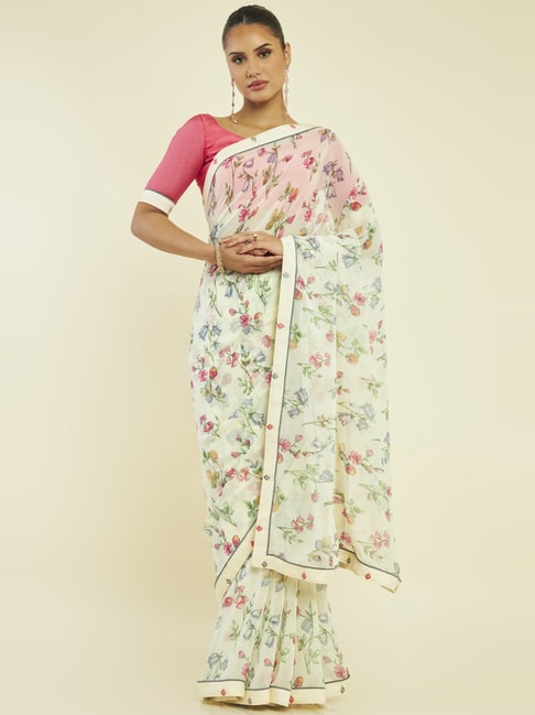 Soch Cream Floral Print Saree With Unstitched Blouse Price in India