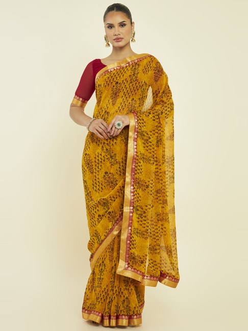Soch Mustard Floral Print Saree With Unstitched Blouse Price in India