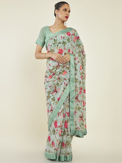 Soch Sap Green Floral Print Saree With Unstitched Blouse Price in India