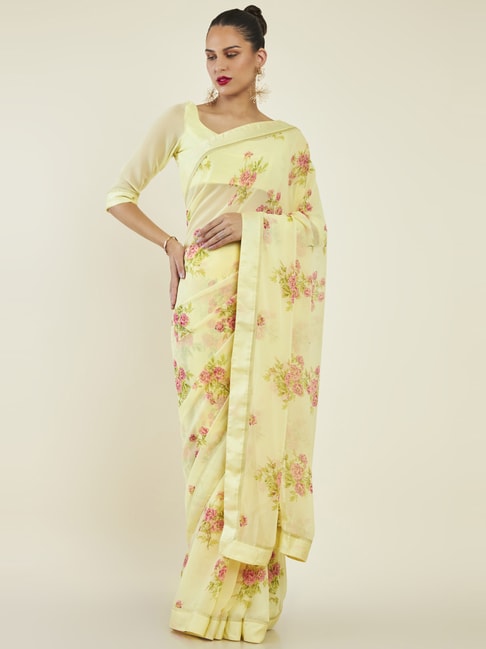 Soch Lime Yellow Floral Print Saree With Unstitched Blouse Price in India