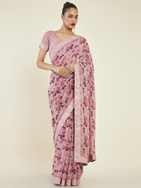 Soch Onion Pink Floral Print Saree With Unstitched Blouse Price in India