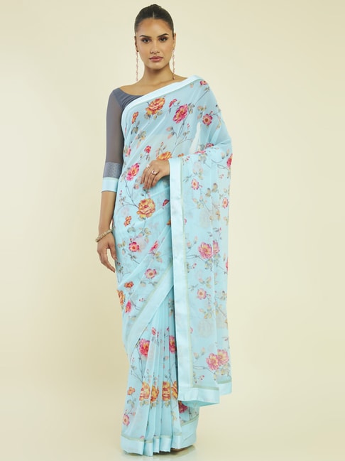 Soch Turquoise Floral Print Saree With Unstitched Blouse Price in India