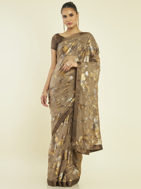 Soch Brown Printed Saree With Unstitched Blouse Price in India