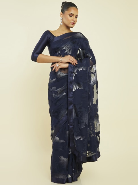 Soch Navy Printed Saree With Unstitched Blouse Price in India