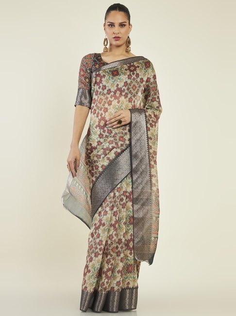 Soch Green & Maroon Printed Saree With Unstitched Blouse Price in India