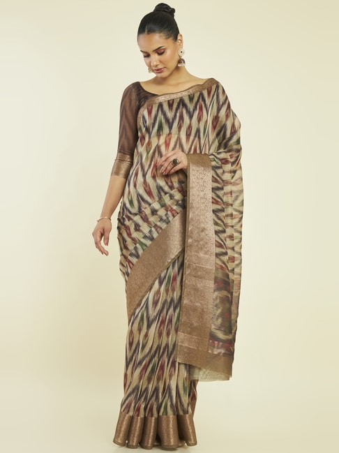 Soch Beige & Brown Silk Printed Saree With Unstitched Blouse Price in India