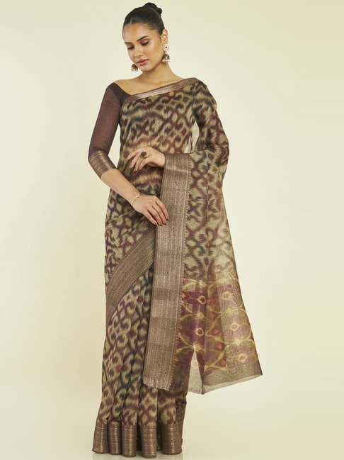 Soch Brown & Olive Green Silk Printed Saree With Unstitched Blouse Price in India
