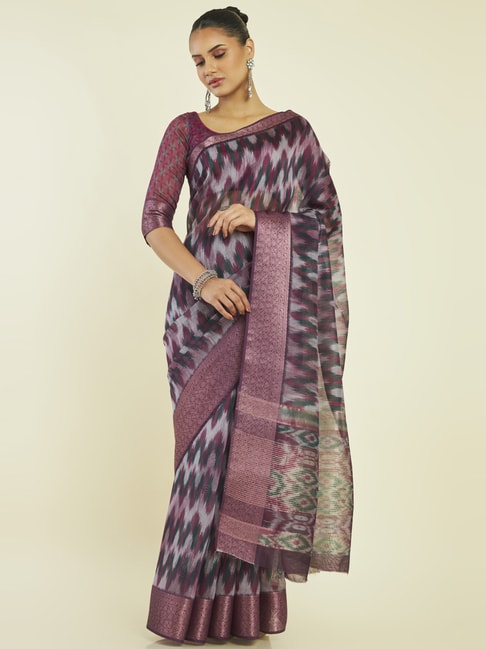 Soch Wine Silk Printed Saree With Unstitched Blouse Price in India