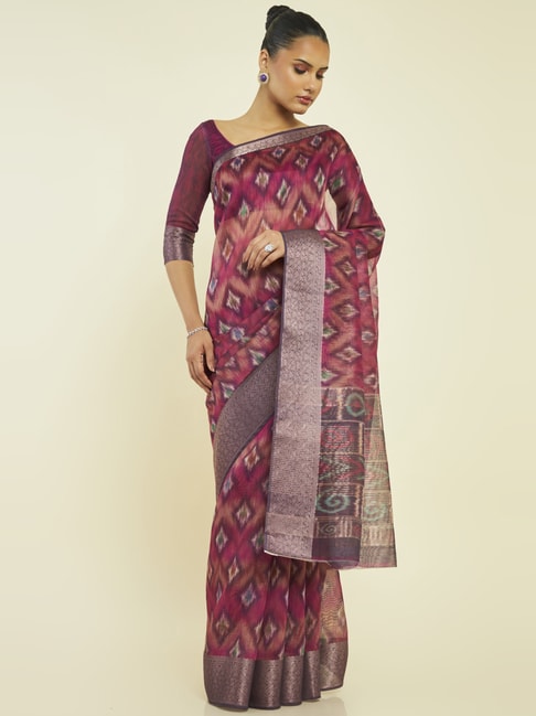 Soch Maroon Silk Printed Saree With Unstitched Blouse Price in India