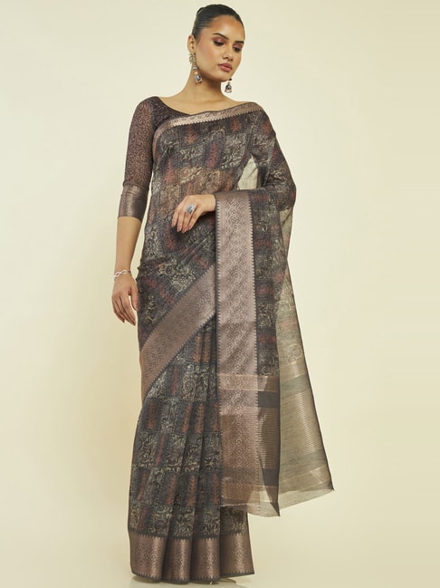 Soch Grey Silk Printed Saree With Unstitched Blouse Price in India