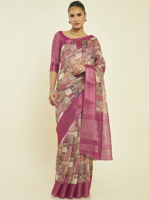 Soch Purple & Beige Silk Printed Saree With Unstitched Blouse Price in India