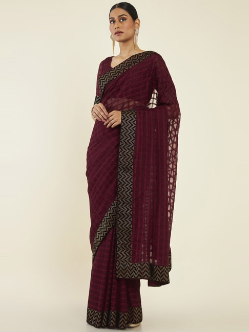 Soch Maroon Chequered Saree With Unstitched Blouse Price in India