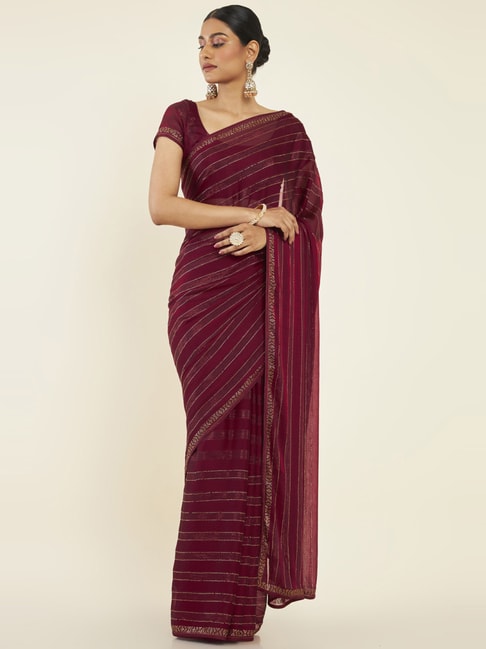 Soch Wine Embellished Saree With Unstitched Blouse Price in India