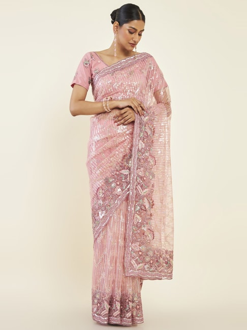 Soch Blush Pink Embroidered Saree With Unstitched Blouse Price in India