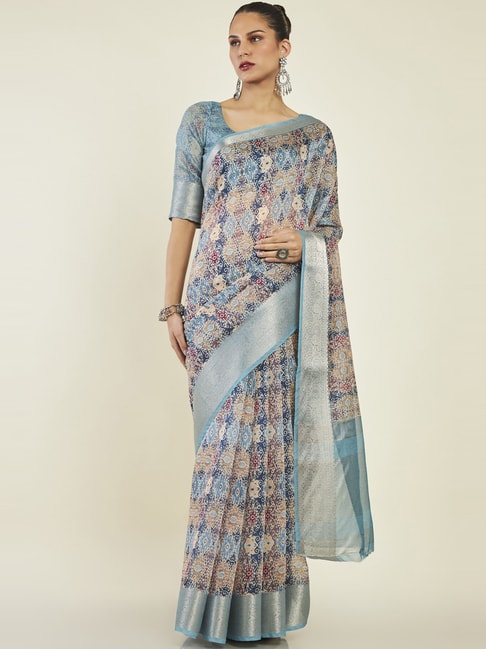 Soch Turquoise Printed Saree With Unstitched Blouse Price in India