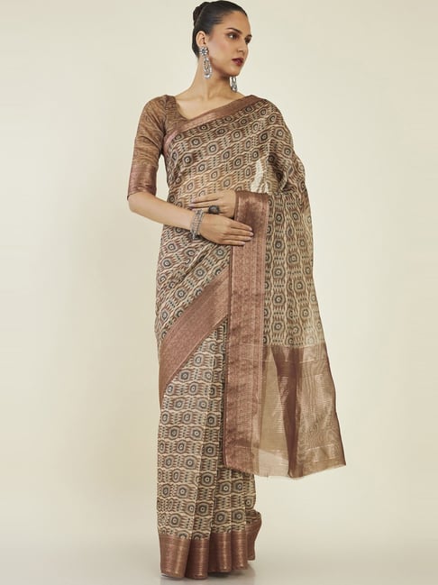 Soch Brown & Beige Printed Saree With Unstitched Blouse Price in India